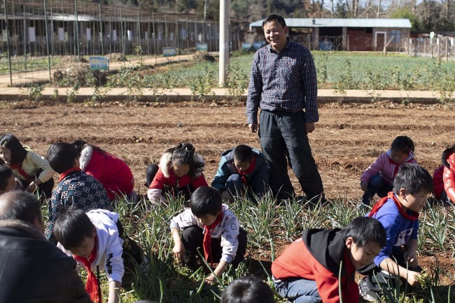 Students at Mingde Elementary School in Jingwai, Yunnan Province during a farm labor class under the guidance of teachers and the headmaster Lei Yingfei on Sunday, January 6, 2019. [Photo: VCG]