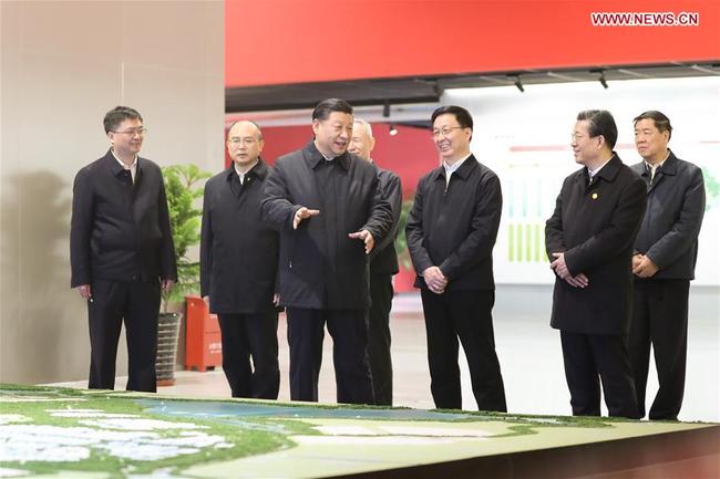 Chinese President Xi Jinping listens to the introduction of the general plan, policy system and construction of the Xiongan New Area at the Xiongan citizen service center during his inspection in the Xiongan New Area, Hebei Province, Jan. 16, 2019. [Photo: Xinhua/Ju Peng]