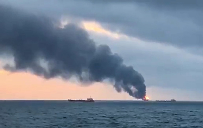 An image grab taken from AFP TV on January 21, 2019 shows a burning ship after a fire engulfed at two gas tankers in the Black Sea off Crimea. [Photo: AFP]