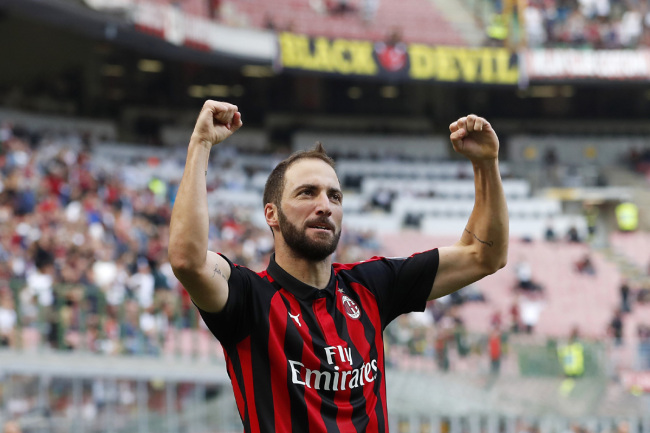 AC Milan's Gonzalo Higuain celebrates after scoring his side's opening goal during the Serie A soccer match between AC Milan and Chievo Verona at the San Siro Stadium, in Milan, Italy, Sunday, Oct. 7, 2018. [Photo: AP]