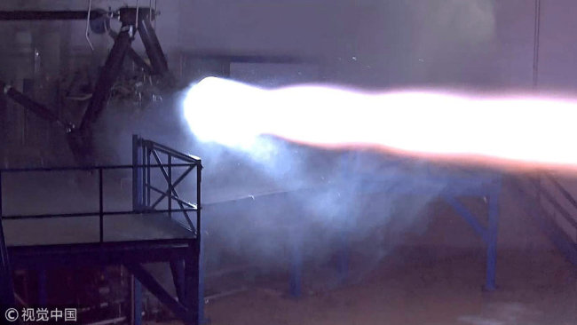 SpaceX propulsion test is shown in this image from a recent first firing of the Raptor interplanetary transport engine in McGregor, Texas, U.S. and released by Elon Musk on social media on September 25, 2016. [File Photo: VCG]