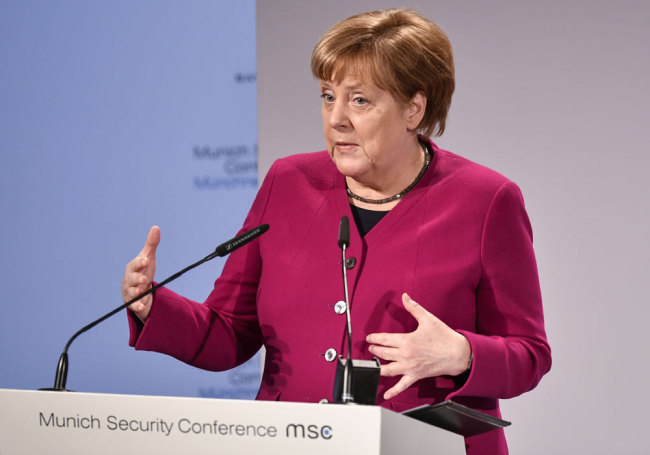 German Chancellor Angela Merkel delivers a speech during the 55th Munich Security Conference in Munich, southern Germany, on February 16, 2019. The 2019 edition of the Munich Security Conference (MSC) takes place from February 15 to 17, 2019. [Photo: AFP/Thomas Kienzle]
