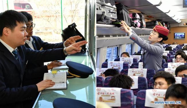 Combination photo(拼图 pīntú) shows Ma Jinzhao (L) on duty on Feb. 16, 2019 and Zhang Wenye on a train on Feb. 14, 2019 in Taiyuan, north China's Shanxi Province. [Photo: Xinhua]