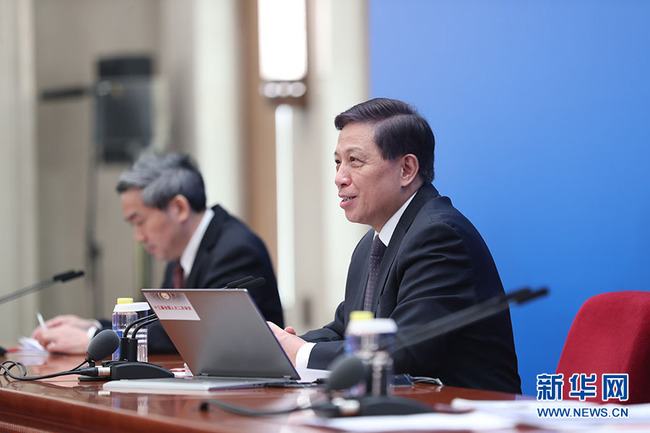 Zhang Yesui (R), spokesperson for the second session of the 13th National People's Congress (NPC), speaks during a press conference on the agenda of the session and the work of the NPC at the Great Hall of the People in Beijing, capital of China, March 4, 2019. The second session of the 13th NPC will open in Beijing on March 5.[Photo: Xinhua]