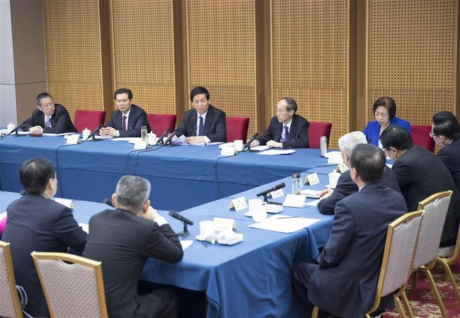 Li Zhanshu, a member of the Standing Committee of the Political Bureau of the Communist Party of China (CPC) Central Committee and chairman of the National People's Congress (NPC) Standing Committee, joins a panel discussion with political advisors from the Revolutionary Committee of the Chinese Kuomintang, the Taiwan Democratic Self-Government League and the All-China Federation of Taiwan Compatriots at the second session of the 13th National Committee of the Chinese People's Political Consultative Conference (CPPCC) in Beijing, capital of China, March 4, 2019. [Photo: Xinhua/Wang Ye]