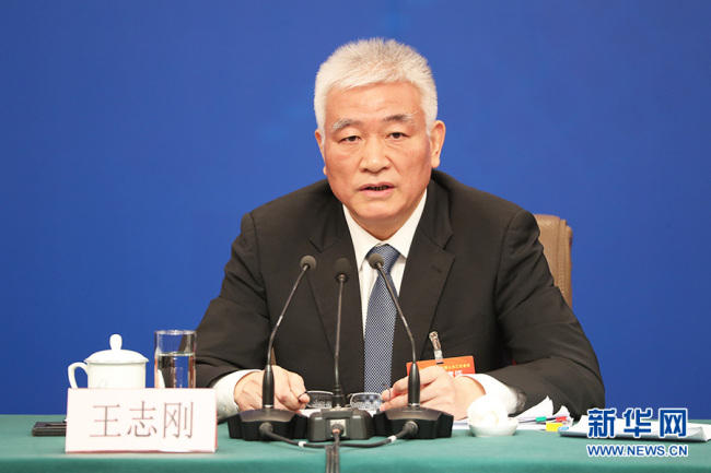 Wang Zhigang, Minister of Science and Technology, answers questions during a press conference on the supervision work of the NPC for the second session of the 13th NPC in Beijing, March 11, 2019. [Photo: Xinhua]