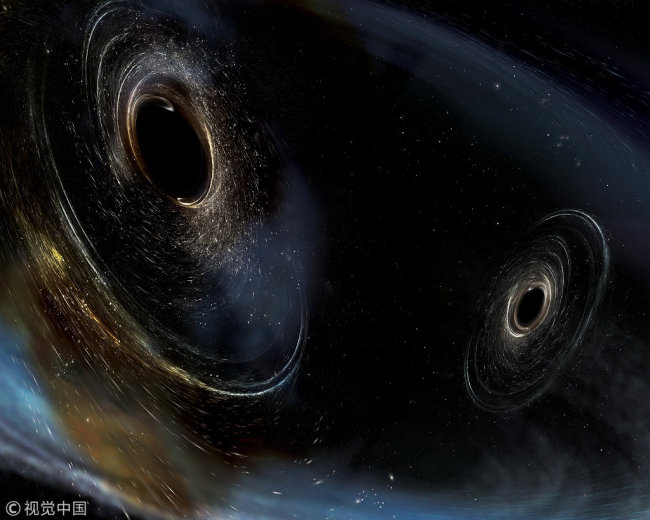 An artist's rendering showing two merging black holes similar to those detected by Laser Interferometer Gravitational-wave Observatory (LIGO) in the handout provided on June 1. 2017. [File Photo: VCG]