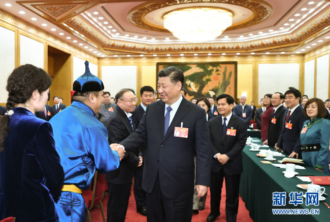 President Xi Jinping shakes hands with Wu Yunbo, a legislator from the Inner Mongolia Autonomous Region, at the second session of the 13th National People's Congress in Beijing on March 5, 2019. [Photo: Xinhua]