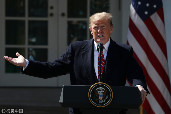 U.S. President Donald Trump speaks during a joint news conference with Brazilian President Jair Bolsonaro at the Rose Garden of the White House March 19, 2019 in Washington, DC. [Photo: VCG]
