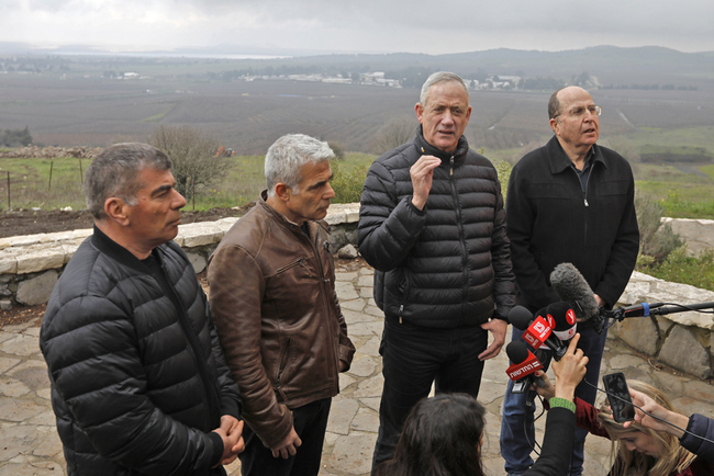 (L to R) Blue and White political alliance (Kahol Lavan) leaders Gabi Ashkenazi, Yair Lapid, Benny Gantz, and Moshe Yaalon speak to the press during a tour near the Syrian border in the Israeli-annexed Golan Heights, on March 4, 2019. [File Photo: AFP]