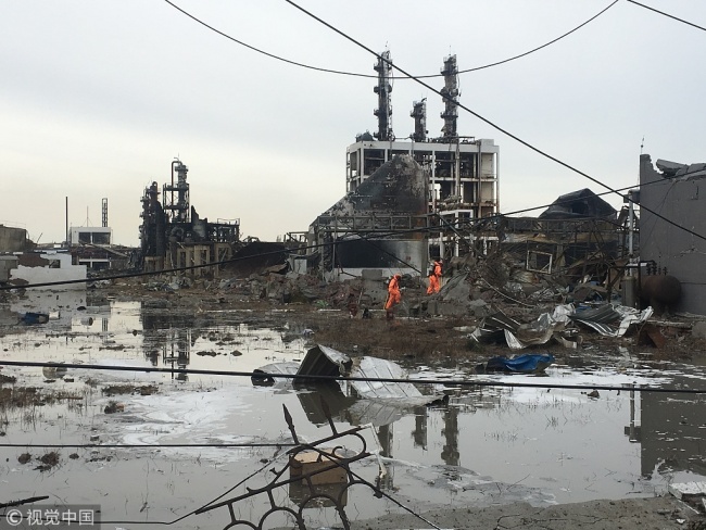 Photo taken on March 22, 2019 shows the accident site of an explosion at a factory located in a chemical industrial park in Xiangshui County of Yancheng, Jiangsu Province. [File Photo: VCG]