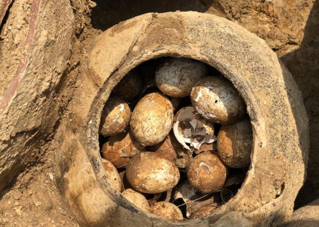 A pot of eggs was found in a tomb in Shangyang Village, Liyang, Jiangsu province on March 24, 2019. [Photo: jschina.com.cn]