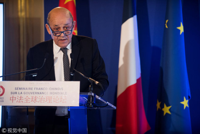 French Foreign Minister Jean-Yves speaks during a Franco Chinese seminar of global governance in Quai d'Orsay in Paris, France, March 25, 2019. [Photo: VCG]