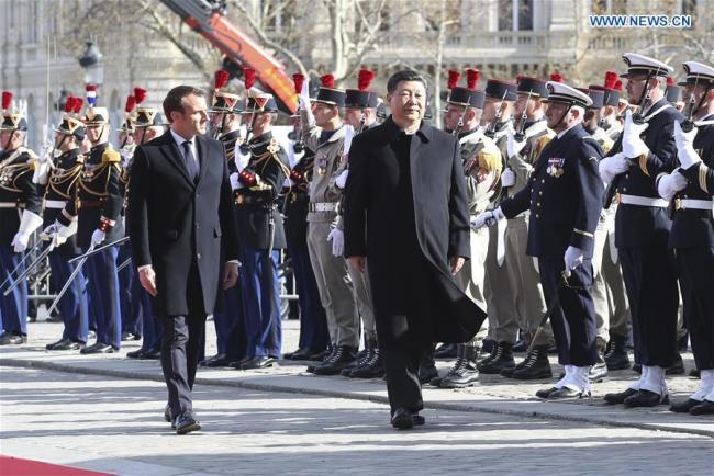Chinese President Xi Jinping attends a welcome ceremony hosted by French President Emmanuel Macron before their talks in Paris, France, March 25, 2019. Xi Jinping held talks with Emmanuel Macron at the Elysee Palace in Paris on Monday. [Photo: Xinhua/Yao Dawei]