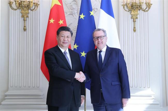 Chinese President Xi Jinping meets with Richard Ferrand, president of the French National Assembly, in Paris, France, March 26, 2019. [Photo: Xinhua/Ju Peng]
