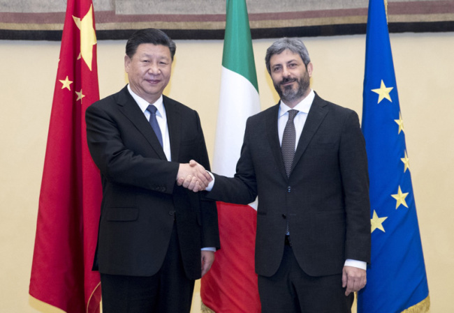 Chinese President Xi Jinping meets with Roberto Fico, president of the Italian Chamber of Deputies, in Rome, Italy, March 22, 2019. [Photo: Xinhua]