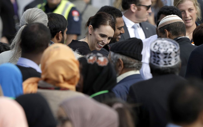 New Zealand Prime Minister Jacinda Ardern meets members of the Muslim community following a national remembrance service in Hagley Park for the victims of the March 15 mosques terrorist attack in Christchurch, New Zealand, Friday, March 29, 2019. [Photo: AP/Mark Baker]