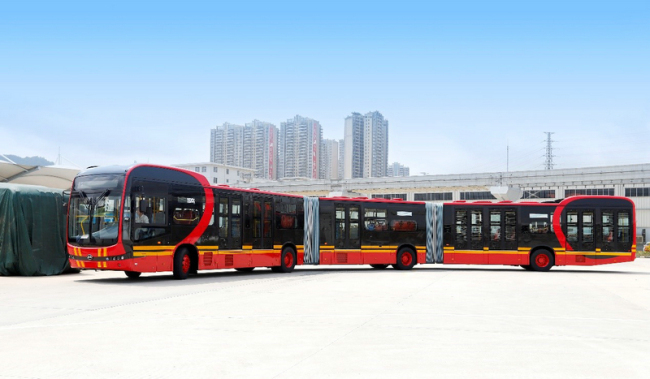 BYD's new 27-meter-long electric bus in Shenzhen, Guangdong Province on Monday, April 1, 2019. [Photo: BYD]