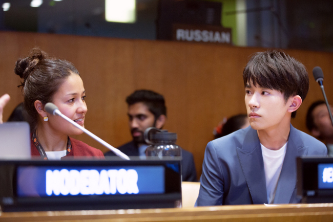 Chinese singer Yi Yangqianxi, who is a World Health Organization (WHO) China special envoy for health, attends the United Nations Economic and Social Council Youth Forum at the UN headquarters in New York, April 8, 2019. [Photo provided by the PR team of Yi Yangqianxi]