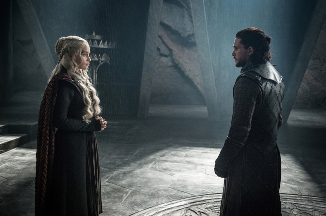 This photo provided by HBO shows Emilia Clarke as Daenerys Targaryen and Kit Harington as Jon Snow in a scene from HBO's "Game of Thrones." The final season premieres on Sunday. [Photo: Helen Sloan/Courtesy of HBO via AP]