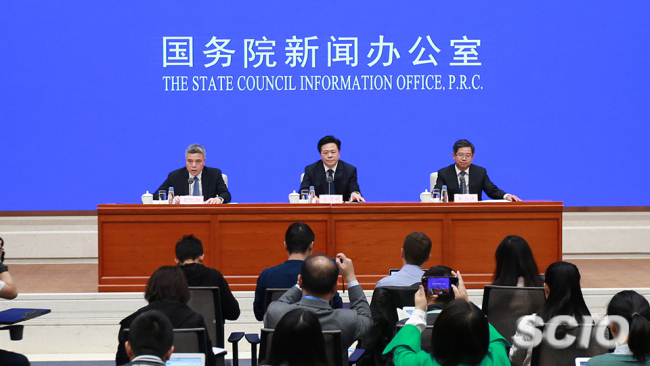 Officials brief the media on a report elaborating on the progress, contributions and prospects of the Belt and Road Initiative during a press conference held in Beijing on Monday, April 22, 2019. [Photo: SCIO]