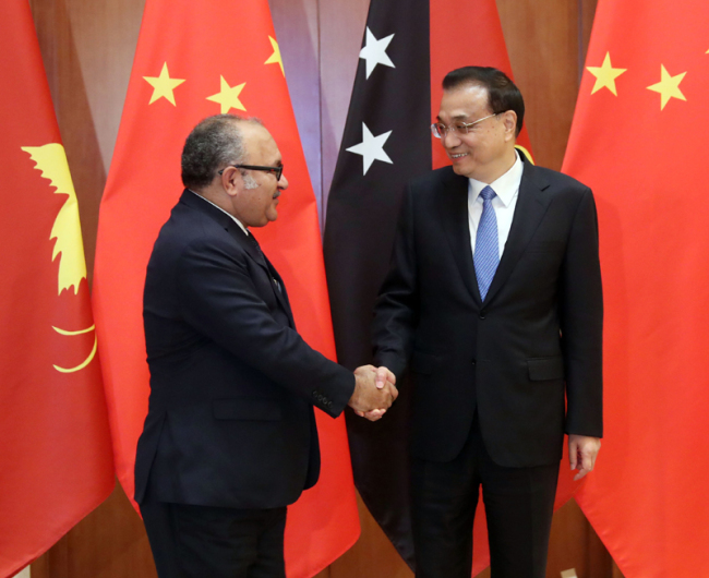 Chinese Premier Li Keqiang meets with Papua New Guinea (PNG) Prime Minister Peter O'Neill in Beijing on Friday, April 26, 2019. [Photo: Gov.cn]