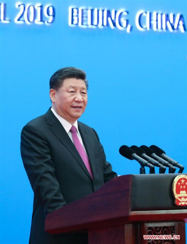 Chinese President Xi Jinping meets the press after the leaders' roundtable meeting of the Second Belt and Road Forum for International Cooperation at the Yanqi Lake International Convention Center in Beijing, capital of China, April 27, 2019. [Photo: Xinhua/Ju Peng]
