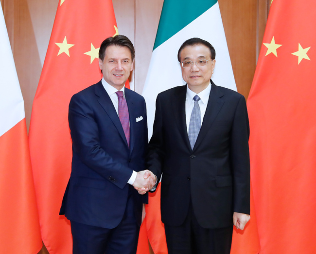 Chinese Premier Li Keqiang meets with Italian Prime Minister Giuseppe Conte in Beijing on April 28, 2019. [Photo: gov.cn]
