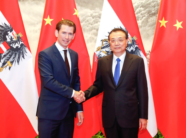 Chinese Premier Li Keqiang meets with Austrian Chancellor Sebastian Kurz in Beijing on April 28, 2019. [Photo: Xinhua]