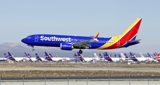 A Southwest Airlines Boeing 737 Max aircraft lands at the Southern California Logistics Airport in the high desert town of Victorville, Calif., March 23, 2019. [Photo: AP]