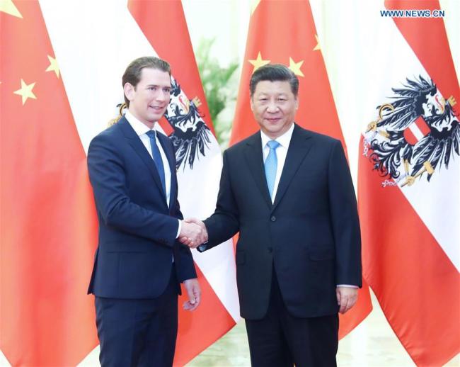 Chinese President Xi Jinping (R) meets with Austrian Chancellor Sebastian Kurz at the Great Hall of the People in Beijing, capital of China, April 29, 2019. [Photo: Xinhua/Liu Weibing]