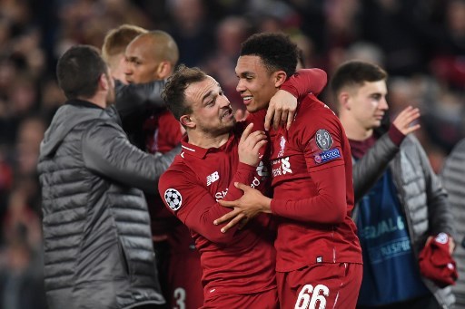 Liverpool's Swiss midfielder Xherdan Shaqiri (L) celebrates with Liverpool's English defender Trent Alexander-Arnold after winning the UEFA Champions league semi-final second leg football match between Liverpool and Barcelona at Anfield in Liverpool, north west England on May 7, 2019. [Photo: AFP]