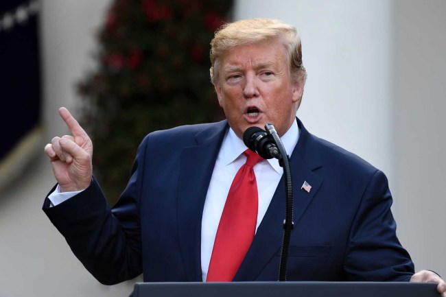 U.S. President Donald Trump speaks during an event to present US golfer Tiger Woods with the Presidential Medal of Freedom in the Rose Garden of the White House in Washington, DC, on May 6, 2019. [File Photo: AFP]
