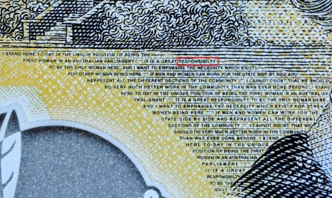 This photo illustration shows the detail in Australia's state-of-the-art new 50 dollar banknote in Sydney on May 9, 2019, with a spelling mistake in the microprint of a speech by Australia's first woman parliamentarian Edith Cowan. [Photo: AFP]
