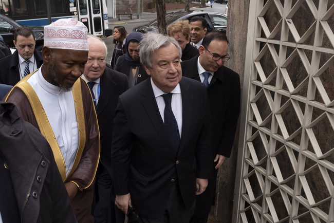 Sheik Saad Jalloh, left, imam of the Islamic Cultural Center, walks with United Nations Secretary General Antonio Guterres as he arrives for a service in New York, Friday, March 22, 2019 in the wake of a white supremacist's deadly shooting spree on two mosques, March 15, in Christchurch, New Zealand. [File Photo: AP]