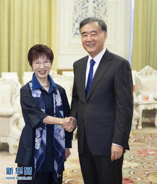 Top political advisor Wang Yang (R) shakes hands with Hung Hsiu-chu, former chairperson of the Chinese Kuomintang party, in Beijing on Monday, May 13, 2019. [Photo: Xinhua]