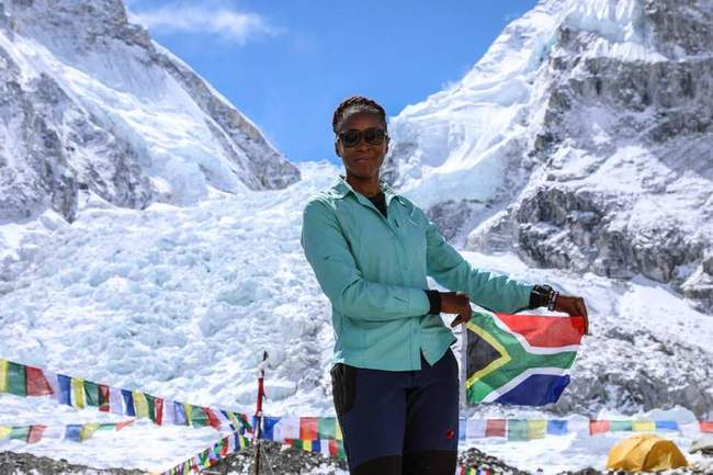 South African climber Saray Khumalo becomes the first black African to reach the top of Mt. Qomolangma. [Photo: SA Government Twitter account]