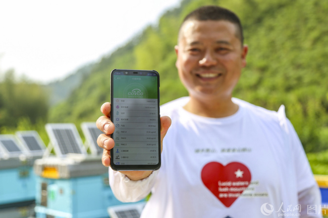 A beekeeper displays an app on his mobile phone which monitors the real-time data of each hive in Chun'an County, Zhejiang Province. [Photo: people.cn]