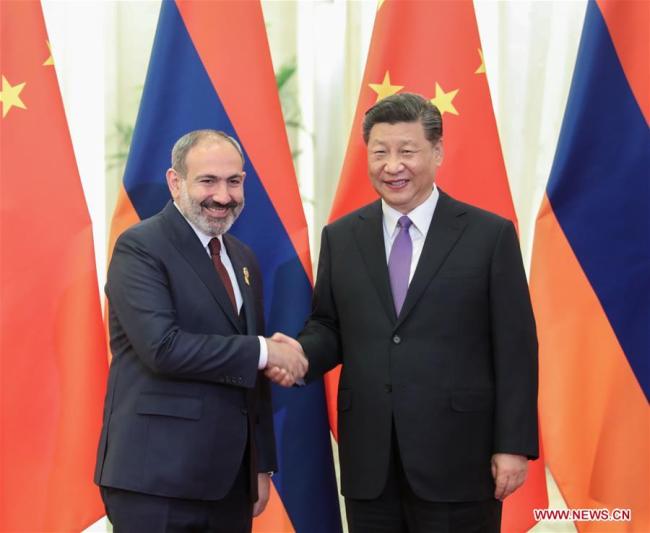 Chinese President Xi Jinping (R) meets with Armenian Prime Minister Nikol Pashinyan, who is in China to attend the Conference on Dialogue of Asian Civilizations (CDAC), at the Great Hall of the People in Beijing, capital of China, May 14, 2019. [Photo: Xinhua/Yao Dawei]