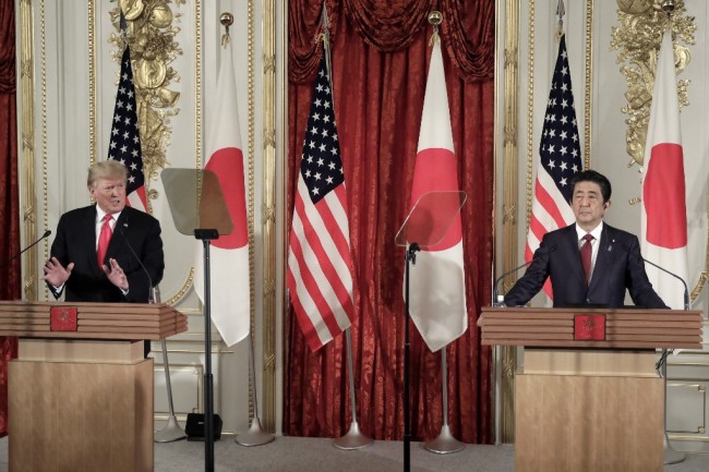 US President Donald Trump (L) speaks during a joint press conference with Japan's Prime Minister Shinzo Abe at Akasaka Palace in Tokyo on May 27, 2019. [Photo: Pool/AFP/Kiyoshi Ota]