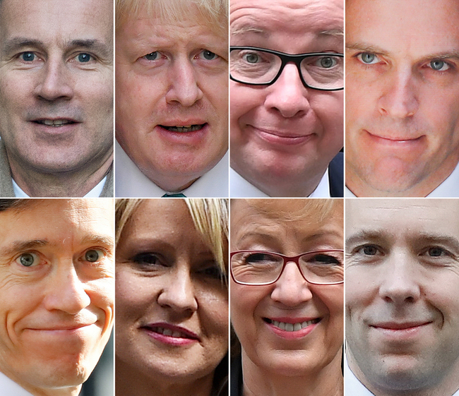 A combination of pictures created in London on May 26, 2019 shows recent pictures of the eight contenders declared as of May 26 to replace Britain's Prime Minister Theresa May when she resigns on June 7: (top L-R) Britain's Foreign Secretary Jeremy Hunt, former foreign secretary Boris Johnson, Britain's Environment, Food and Rural Affairs Secretary Michael Gove, former Brexit secretary Dominic Raab, (bottom L-R) Britain's International Development Secretary Rory Stewart, former works and pensions secretary Esther McVey, former leader of the House of Commons Andrea Leadsom, and Britain's Health and Social Care Secretary Matt Hancock, all pictured in Downing Street, central London. [File photo: STF / AFP]