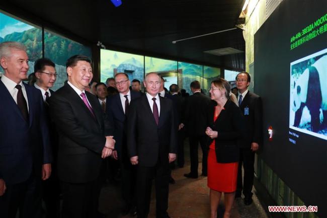 Chinese President Xi Jinping and his Russian counterpart Vladimir Putin attend the inauguration ceremony of the panda house in Moscow Zoo, after their talks in Moscow, Russia, June 5, 2019. Xi Jinping held talks with Vladimir Putin at the Kremlin in Moscow on Wednesday. [Photo: Xinhua]