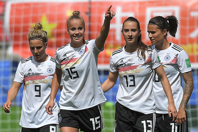 Germany's defender Giulia Gwinn (C) celebrates after scoring a goal during the France 2019 Women's World Cup Group B football match between Germany and China, on June 8, 2019, at the Roazhon Park stadium in Rennes, western France. [Photo: AFP]