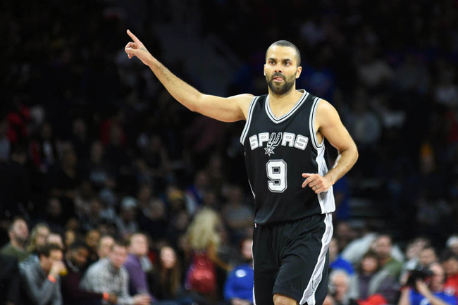 San Antonio Spurs guard Tony Parker (9) celebrates during the second quarter against the Detroit Pistons at The Palace of Auburn Hills on Feb 10, 2017. [Photo: IC]