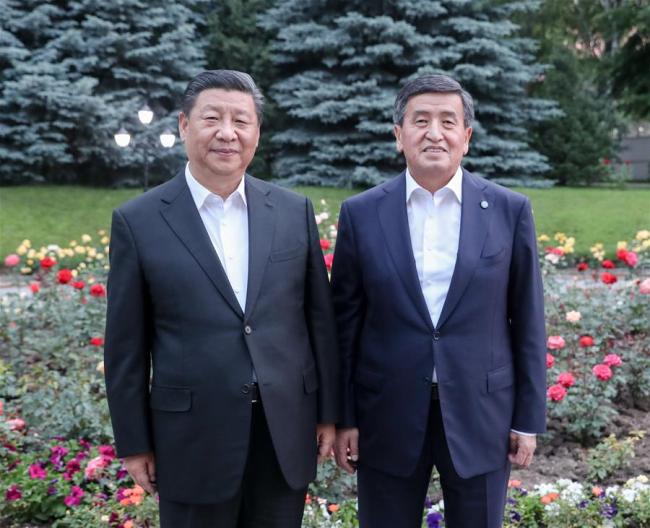 Chinese President Xi Jinping and his Kyrgyz counterpart Sooronbay Jeenbekov have a meeting at the presidential residence right after the Chinese president arrives in Bishkek, Kyrgyzstan, June 12, 2019. [Photo: Xinhua/Yao Dawei]