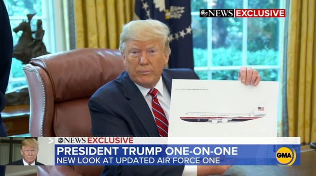 U.S. President Donald Trump unveils a paint job for new Air Force One jets during an interview with ABC News on June 13, 2019. [Screenshot: China Plus]