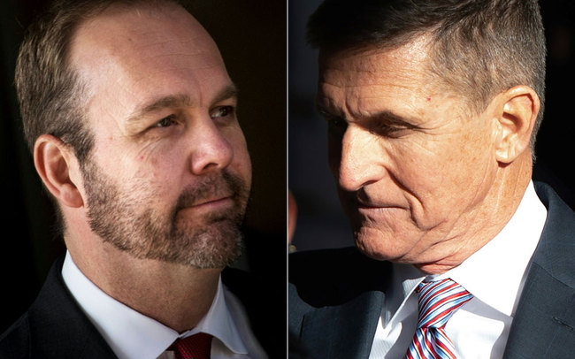 This combination of file pictures created on June 13, 2019 shows former Trump campaign official Rick Gates (L) leaving Federal Court on December 11, 2017 in Washington, DC; and former US National Security Advisor General Michael Flynn arriving for his sentencing hearing at US District Court in Washington, DC. [File photo: AFP/Saul Loeb, Brendan Smialowski]