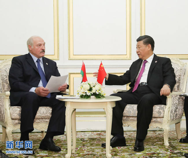 Chinese President Xi Jinping meets with Belarusian President Alexander Lukashenko in Bishkek, June 14, 2019. [Photo: Xinhua]