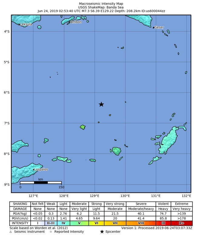 A handout photo made available by the United States Geological Survey shows the location of a magnitude 7.3 earthquake which struck at a depth of 208.3 km, around 288 km north west of Saumlaki, Indonesia, June 24, 2019. [Photo: IC]