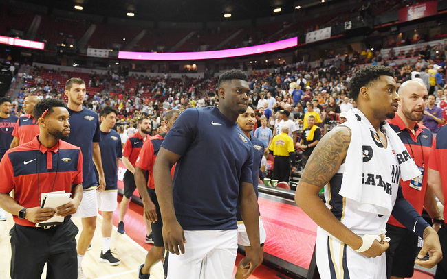 Members of the New Orleans Pelicans in lncluding Zion Williamson leave the court after an earthquake shook the Thomas & Mack Center during a game against the New York Knicks during the 2019 NBA Summer League on July 5, 2019 in Las Vegas, Nevada. [Photo: VCG/Getty Images/Ethan Miller]